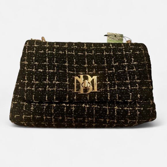 BADGLEY MISCHKA Tweed Crossbody Flap Bag Black Gold New With Tags - Picture 4 of 9